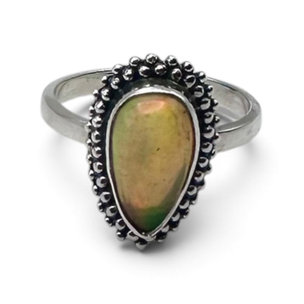 Sterling Silver 925 Aurora Opal Pear Shape Granulated Bezel Ring Size 9 4.4g